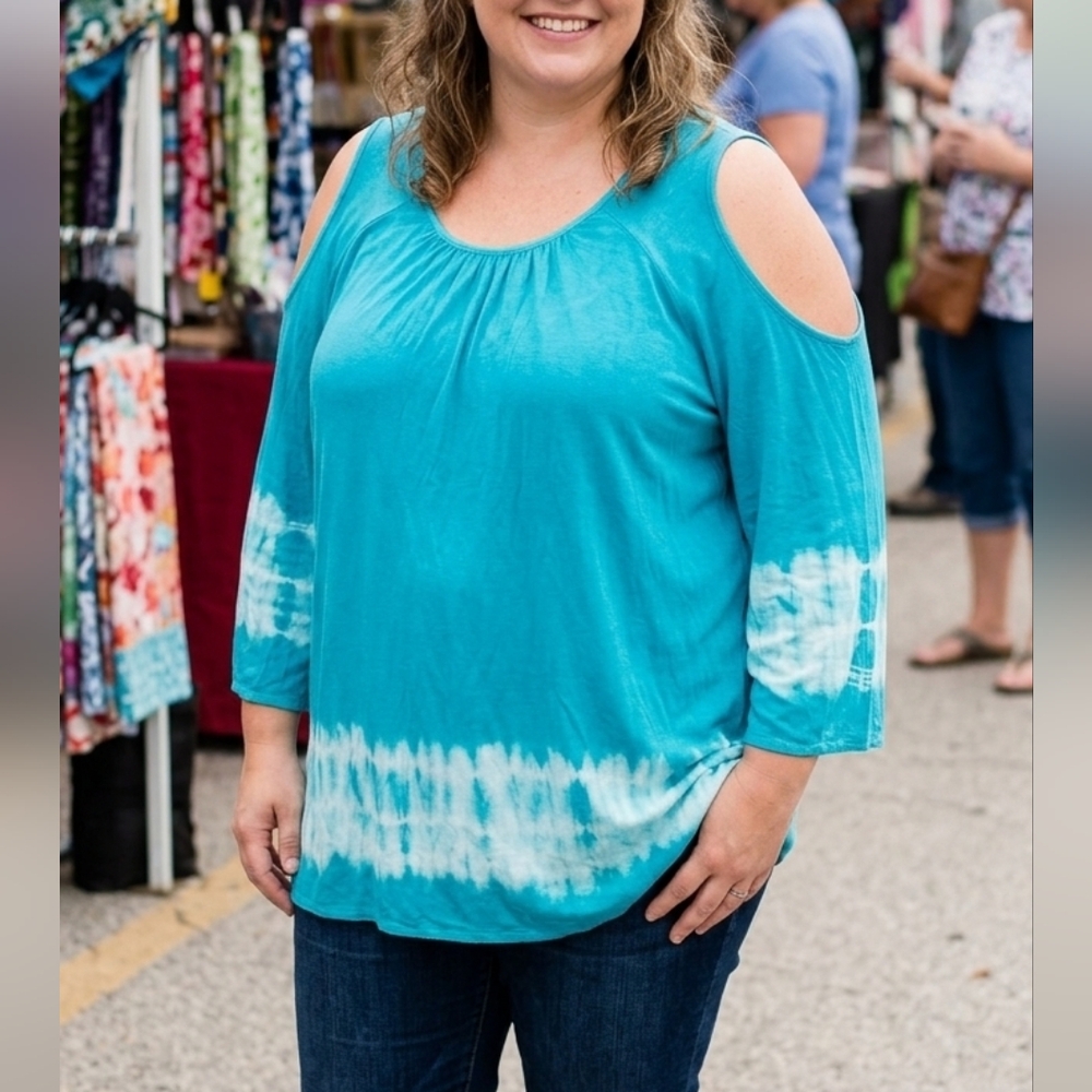 2x Plus Size Cold-Shoulder Teal Tie-Dye Women’s Top Soft Long Length
